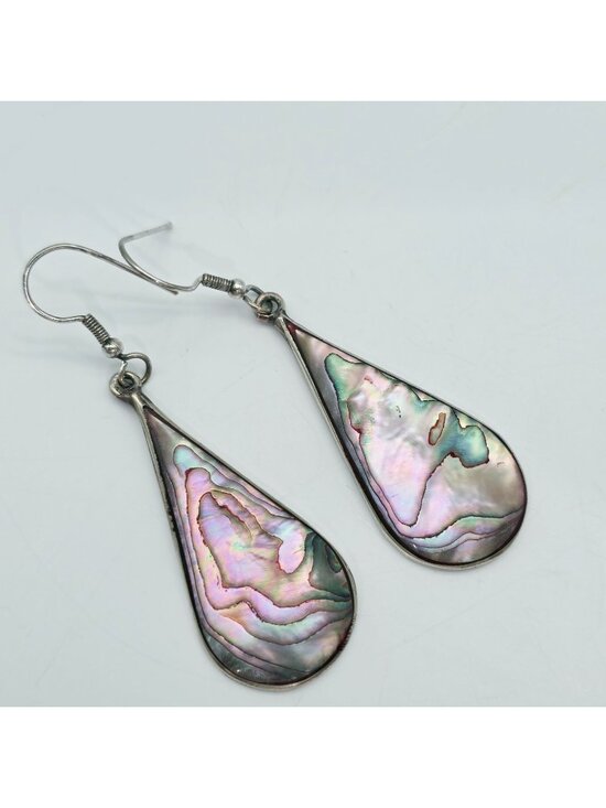 Handmade Jewelry - Sterling Silver Abalone Shell Teardrop Dangle Earrings Handmade 925 Stamped